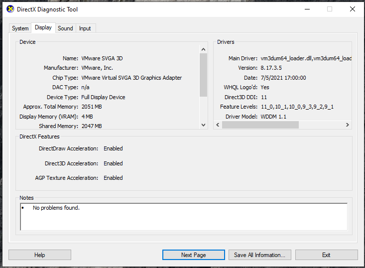 Checking the game’s system requirements. DirectX Diagnostic Tool