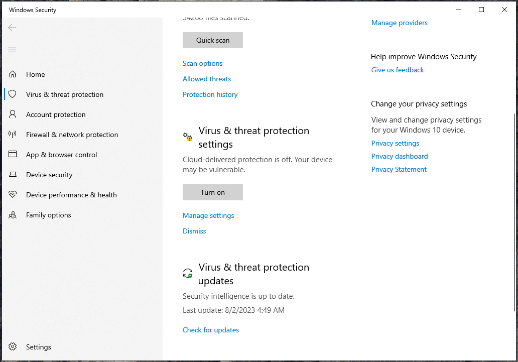Make sure your antivirus program isn’t blocking the game. Virus & Threat Protection Settings