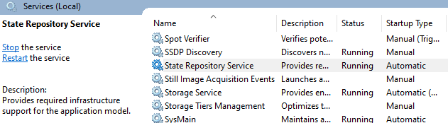 Once the Services app opens, locate the <em>State Repository Service</em>, click on it, and then click on <em>Stop</em> under<em> Services (Local)</em> to the left