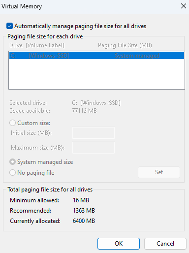 Uncheck the box beside Automatically manage paging file size for all drivers