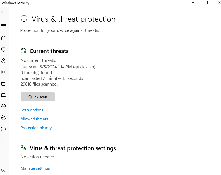 Scroll down to <em>Virus & threat protection settings</em> and click on the <em>Manage settings</em> link