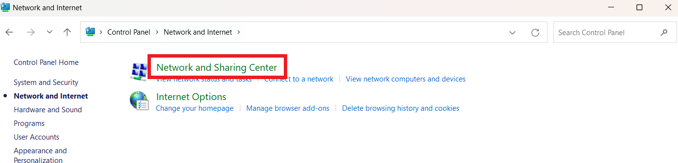 Click the “Network and Sharing Center.”