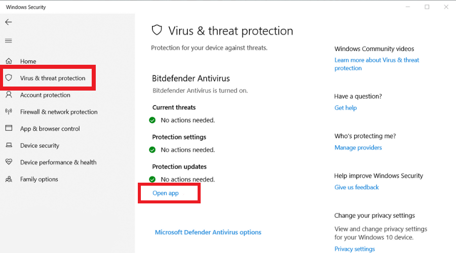 There should be a place to turn off Windows Defender security if you’re not using a third-party antivirus program. Click “Open app” to access your antivirus settings if you have a third-party program.