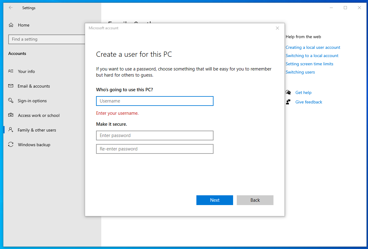 Add a user without a Microsoft account