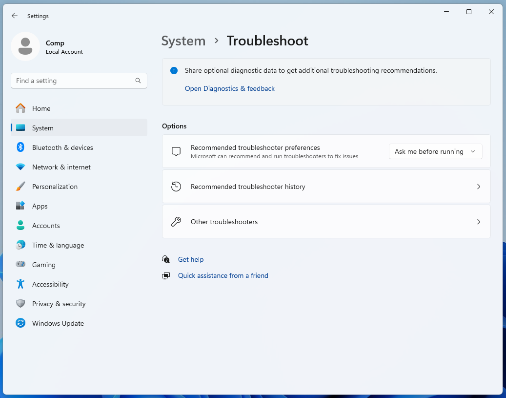 Go to Troubleshoot>Other Troubleshooters
