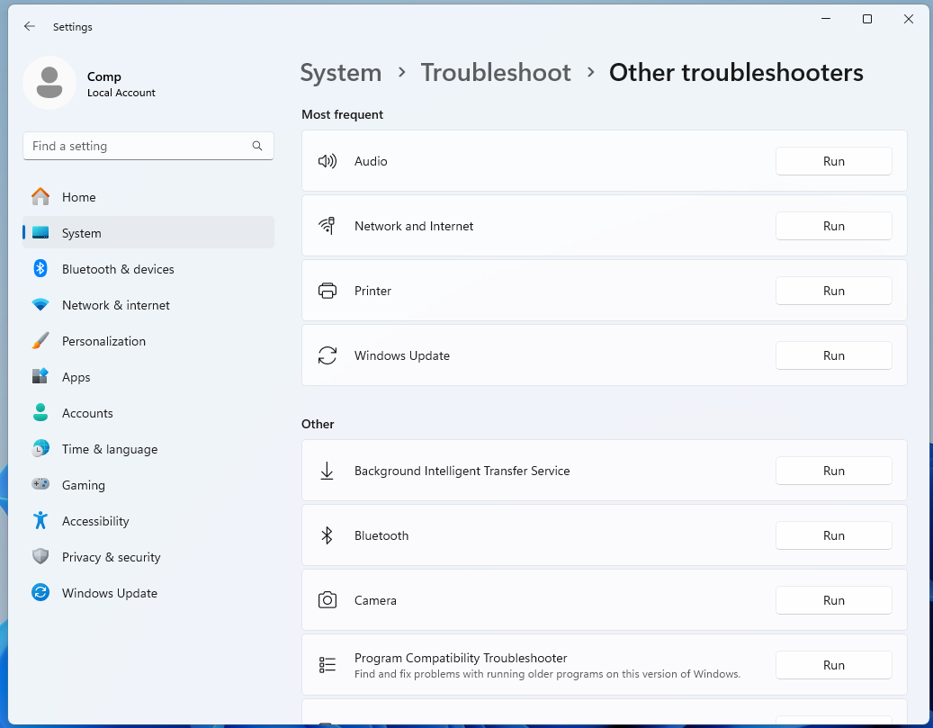 Go to Other Troubleshooters and select Windows Update