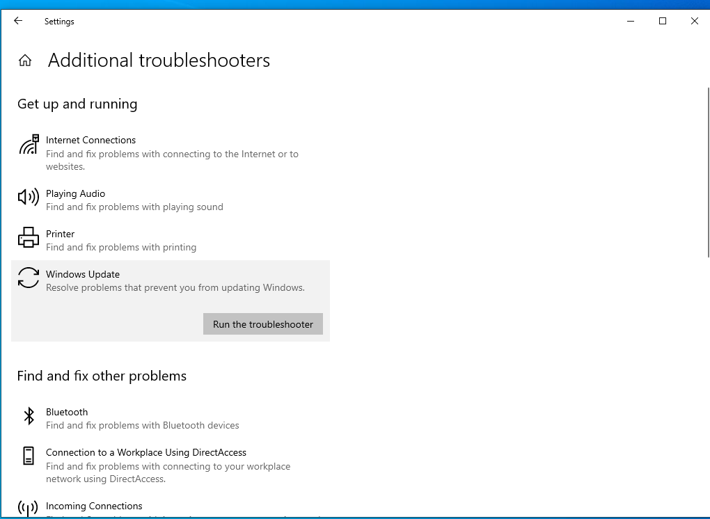 Navigate to Additional Troubleshooters>Windows Update Troubleshooter