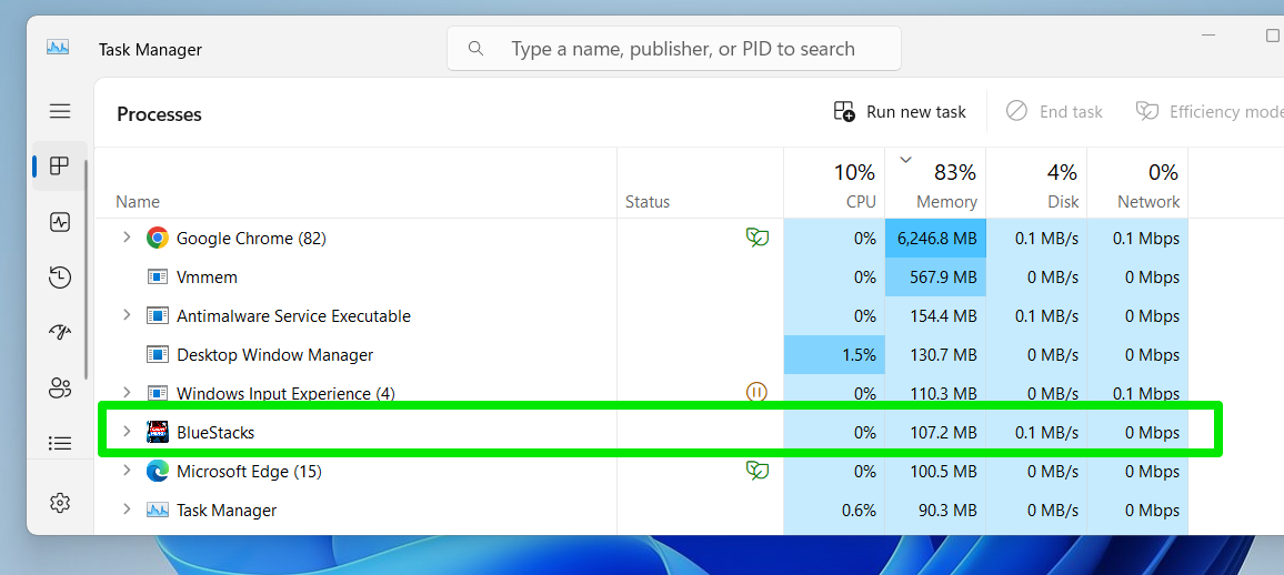 Go to the Task Manager and check the numbers for BlueStacks under RAM, Memory, Disk, and Network.