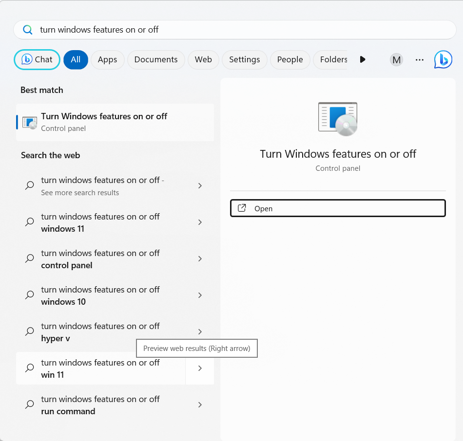 Open the Start menu, type Turn Windows features on or off, and click the first result you see.