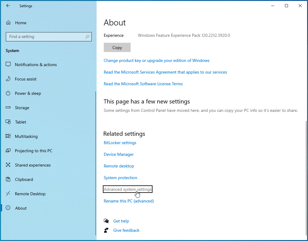 Click on the Advanced system settings link.