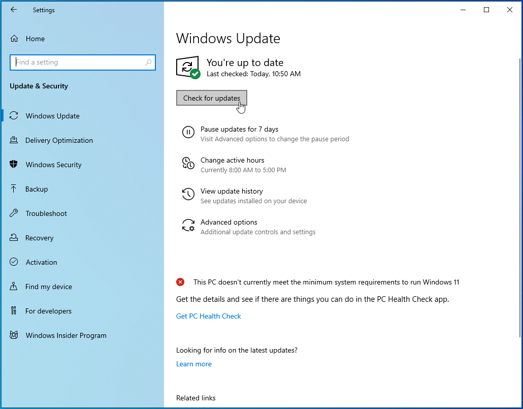 Click on the Check for Updates button.