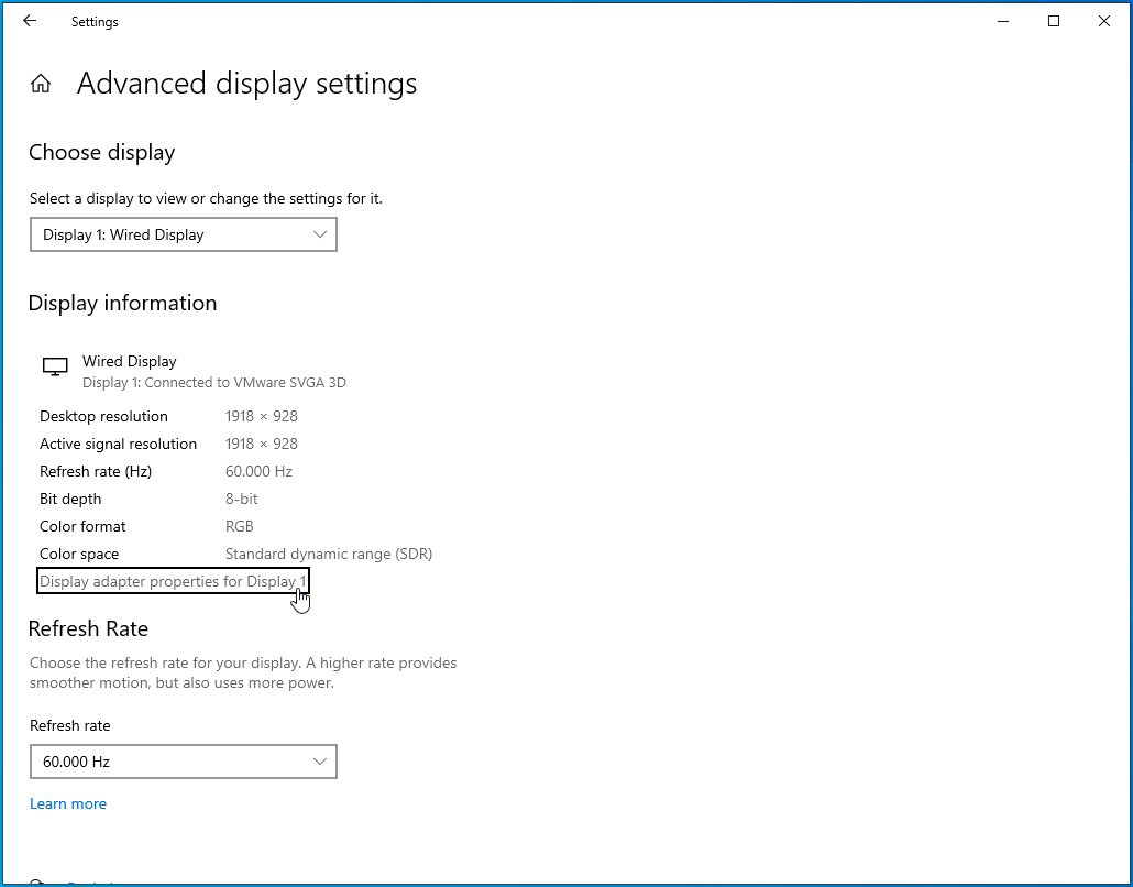 Click on the link that reads, “<em>Display adapter properties for Display 1</em>