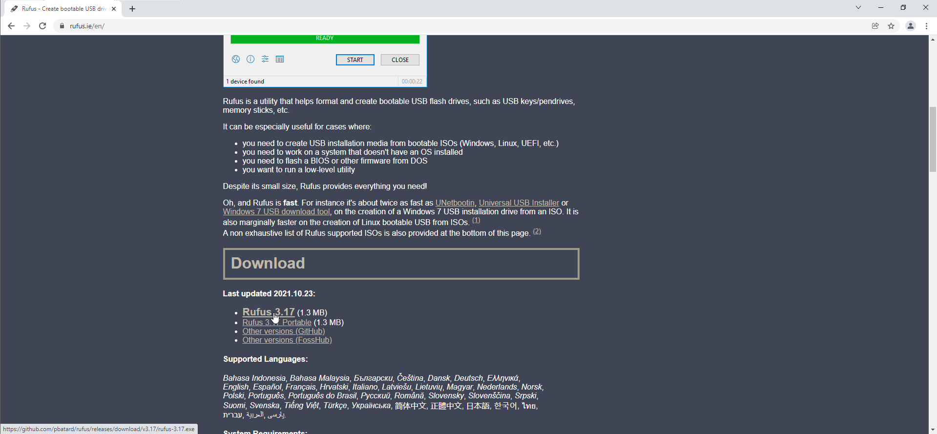 Download the latest version of Rufus.