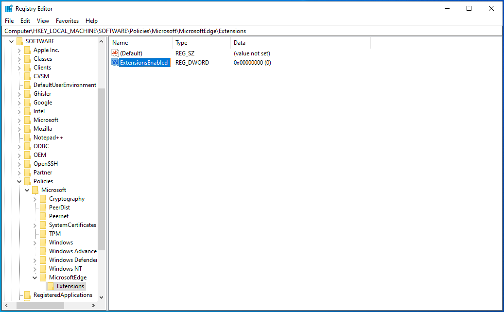 Double-click on ExtensionsEnabled.