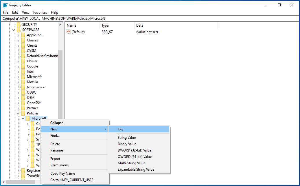 Go to Microsoft and click New -> Key.
