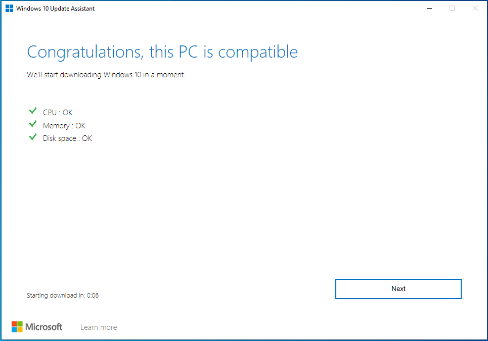 "Congratulations, this PC is compatible" will appear.