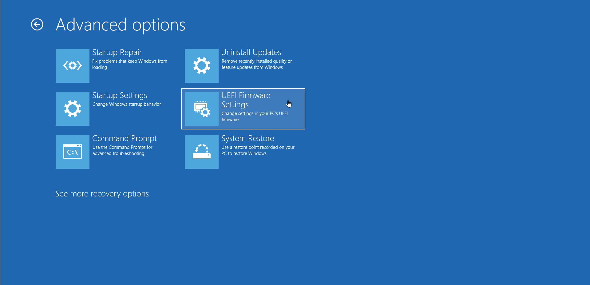 Choose <em>UEFI Firmware Settings</em> to enter the BIOS
