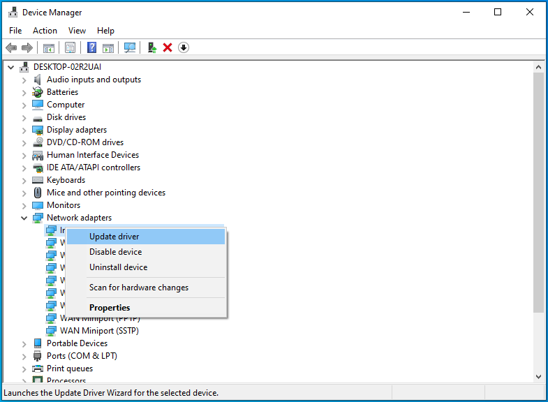 Select Update Driver in the context menu.