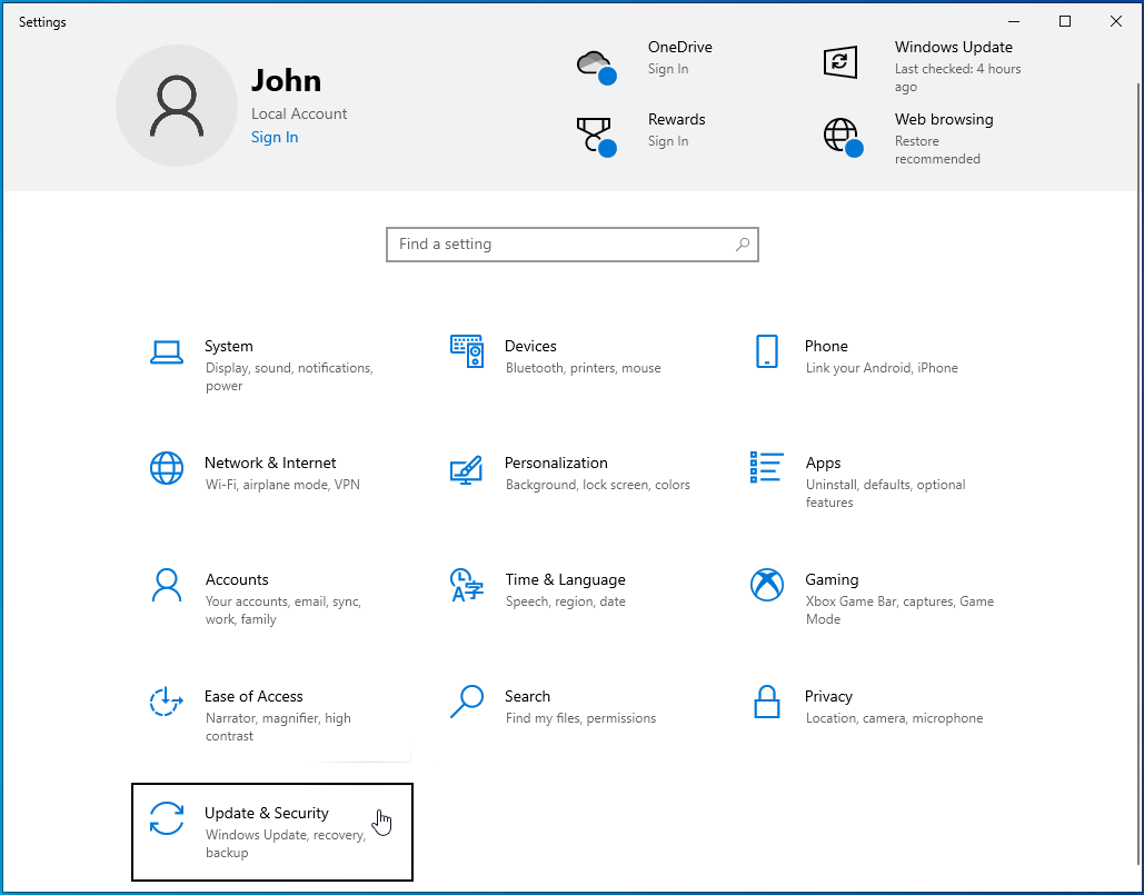 Click on the Update & Security icon.