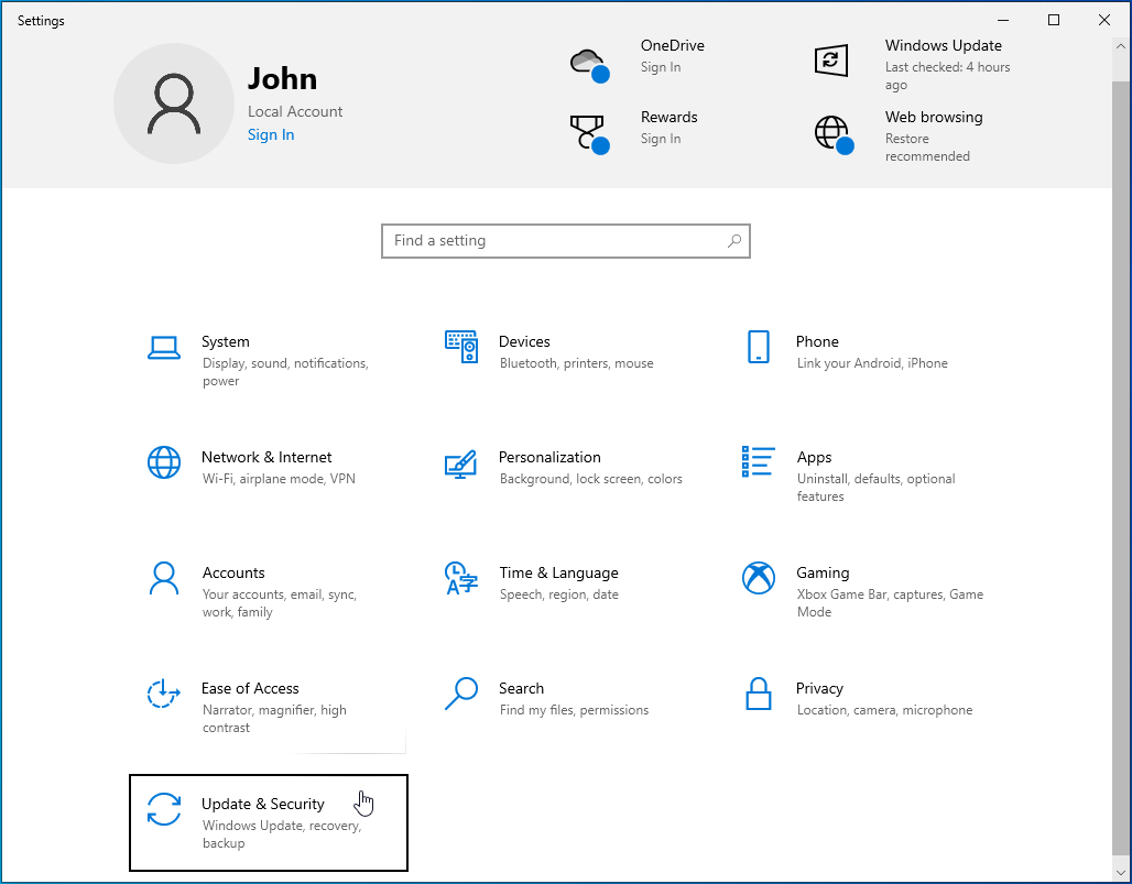 Click on Update & Security.