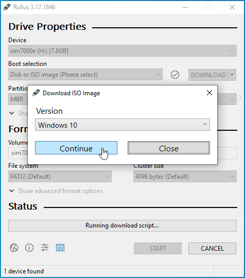 Select Windows 10, and then click on Continue.