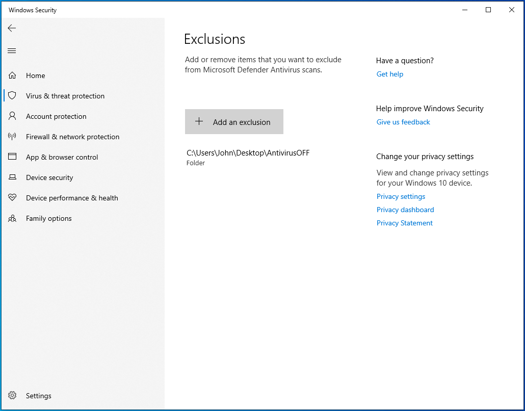 Click on the "Add an exclusion" button.