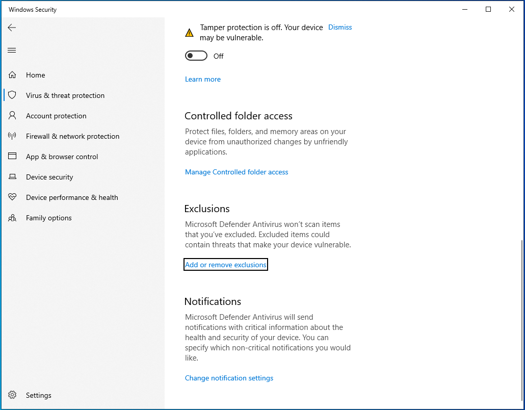Click on "Add or remove exclusions."