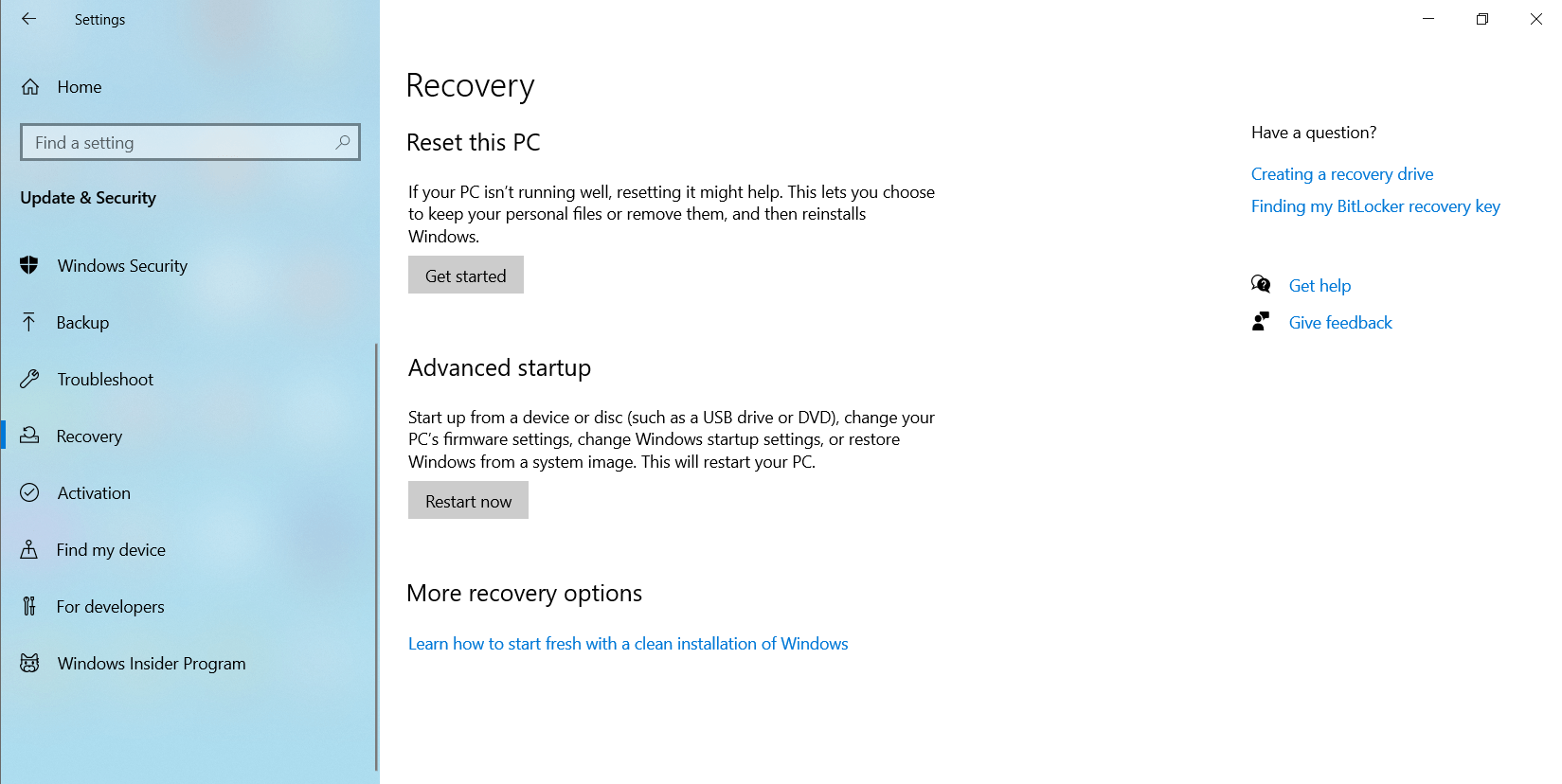 Select Restart Now under Advanced Startup.