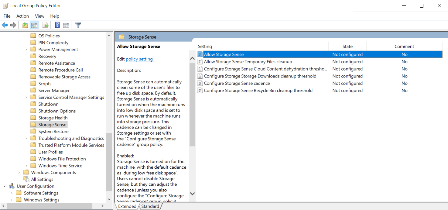 Double-click on the “Allow Storage Sense” policy.
