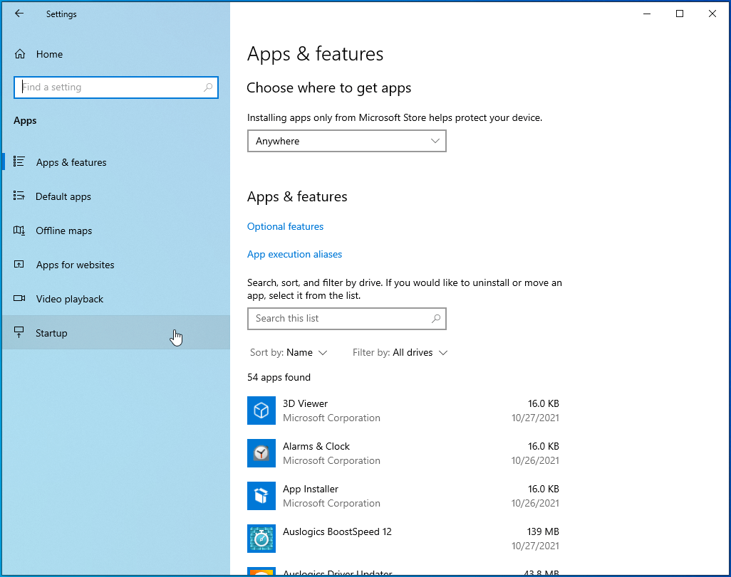 Navigate the Apps interface and go to Startup.
