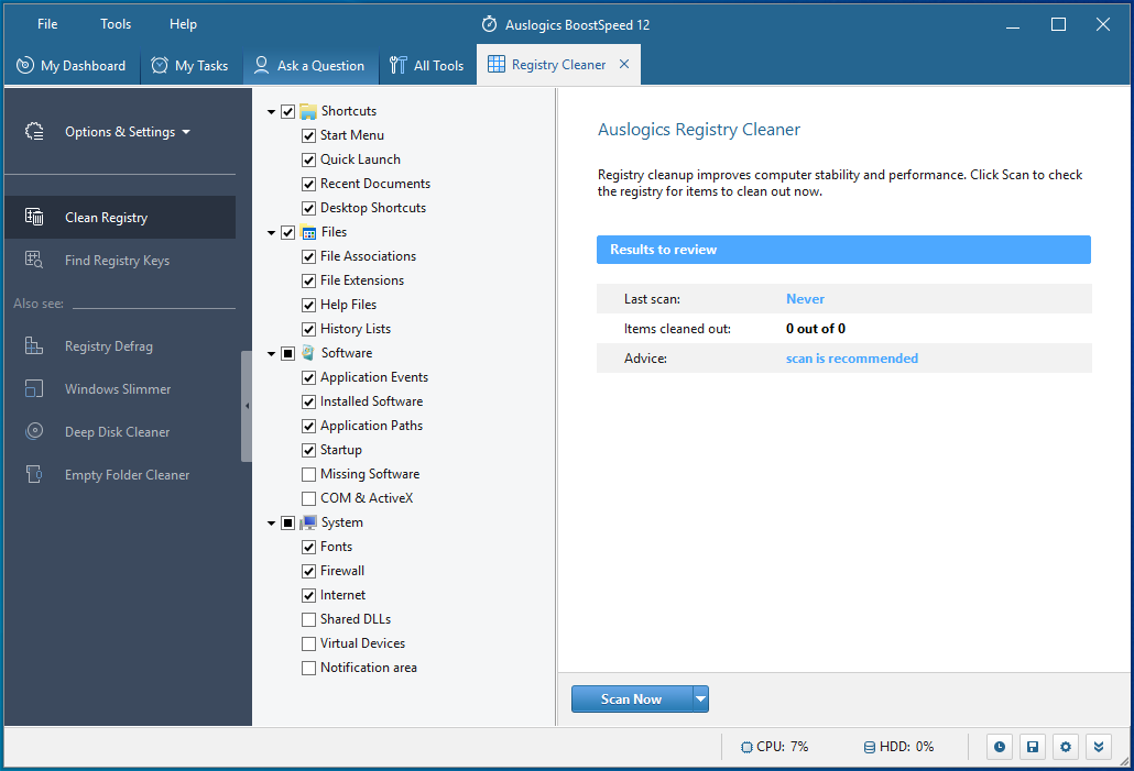 Auslogics BoostSpeed's Registry Cleaner will help repair registry issues on your PC.