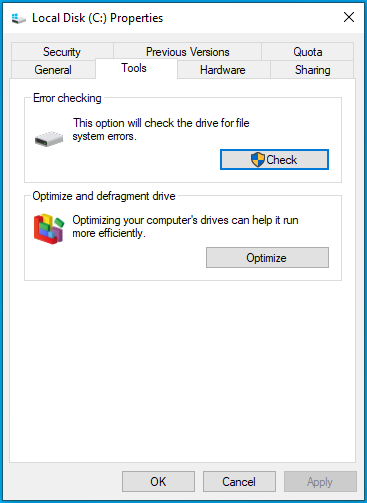 Click Check under Error checking.