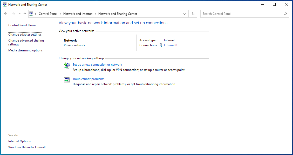 Navigate to “Change adapter settings” in the left pane.