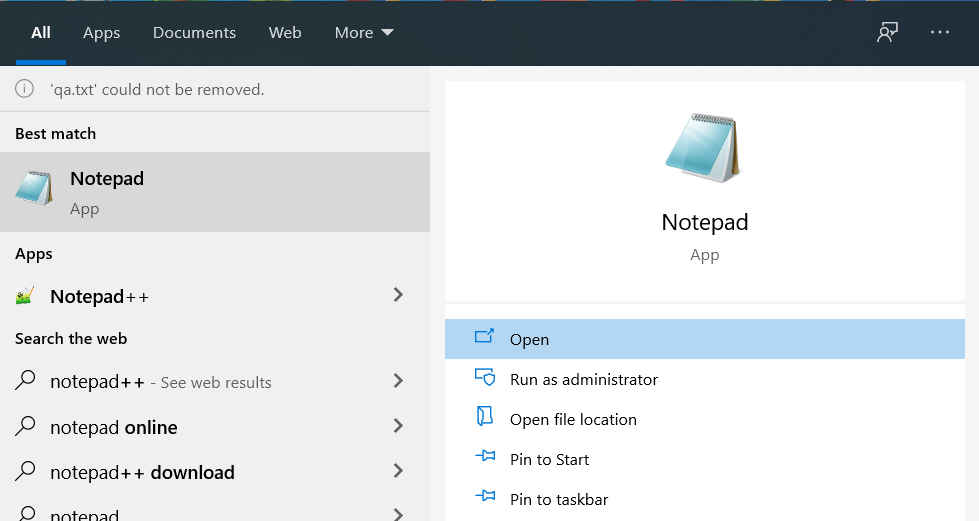 Select Open to launch Notepad.