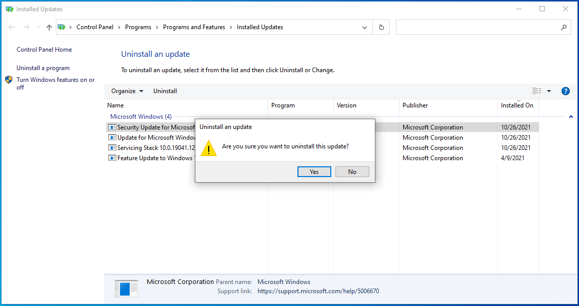 Click on Yes to uninstall the update.