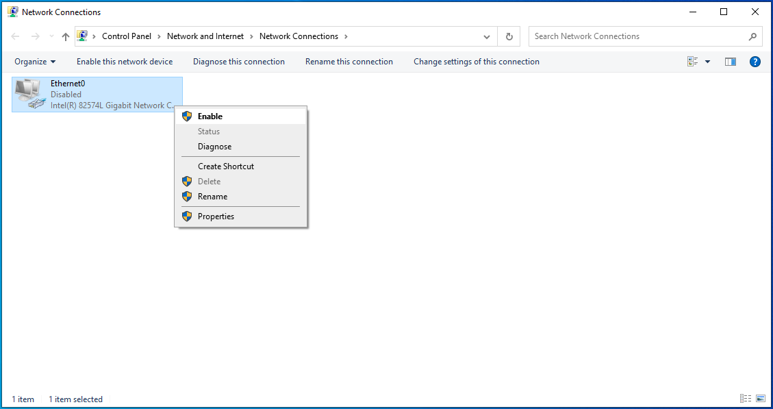 Right-click your connection and select Enable.