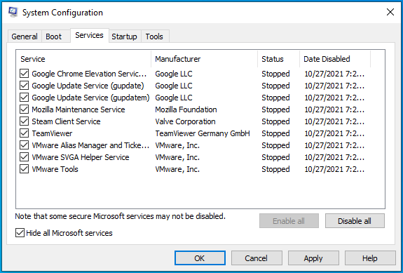Check “Hide all Microsoft services”.