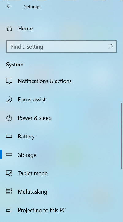 Select Storage from the left panel.