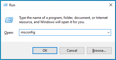 Enter "msconfig" into the Run app and click on OK.