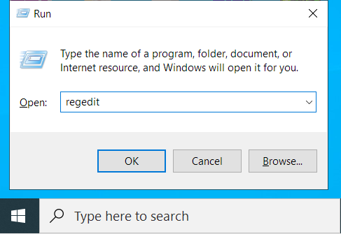 Type regedit into the “Run” dialog box.