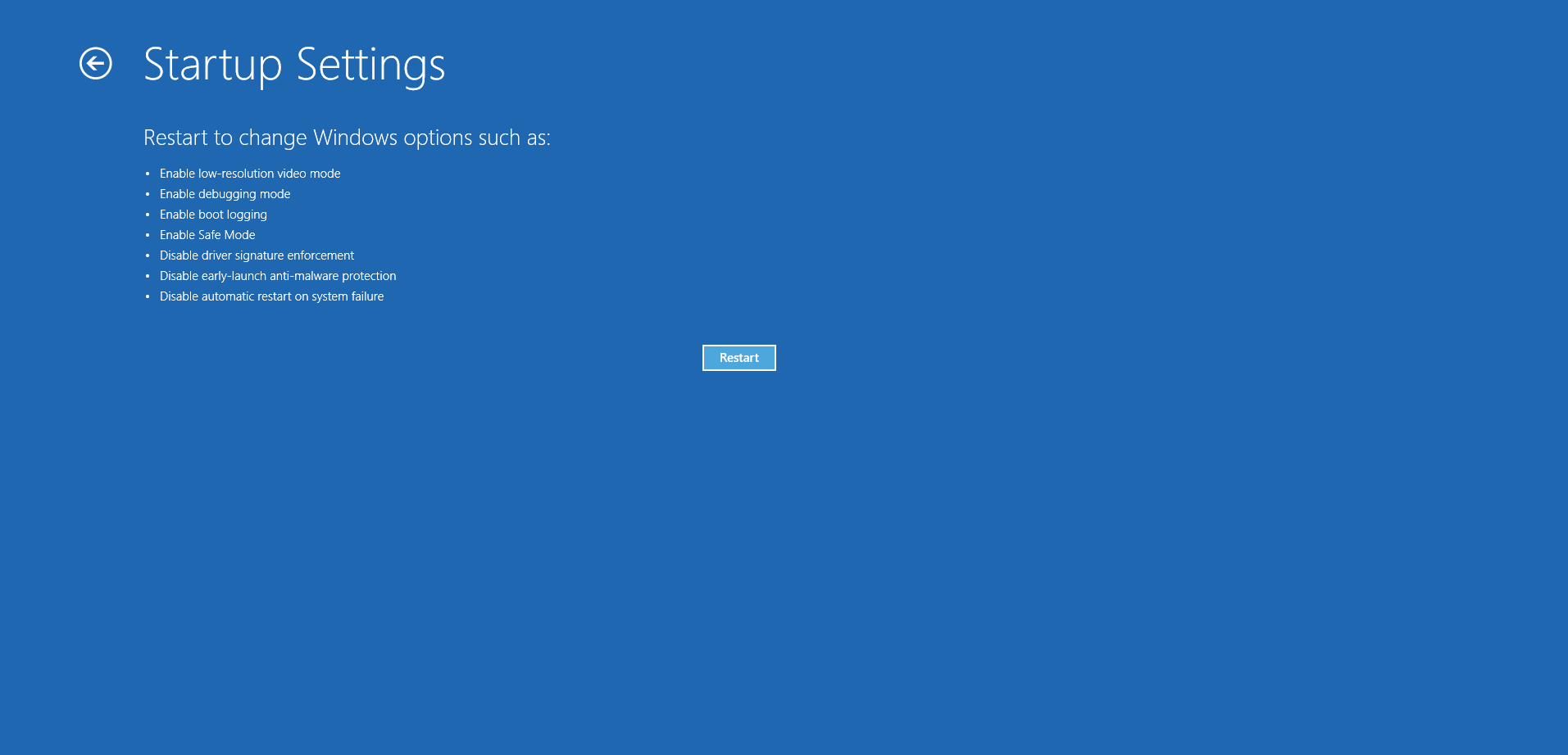 Click on the Startup Settings screen.