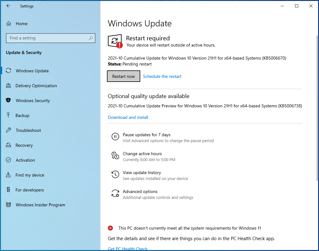 Click on the "Restart now" button.