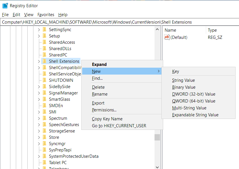 Go to Shell Extensions and right-click it, then select New.