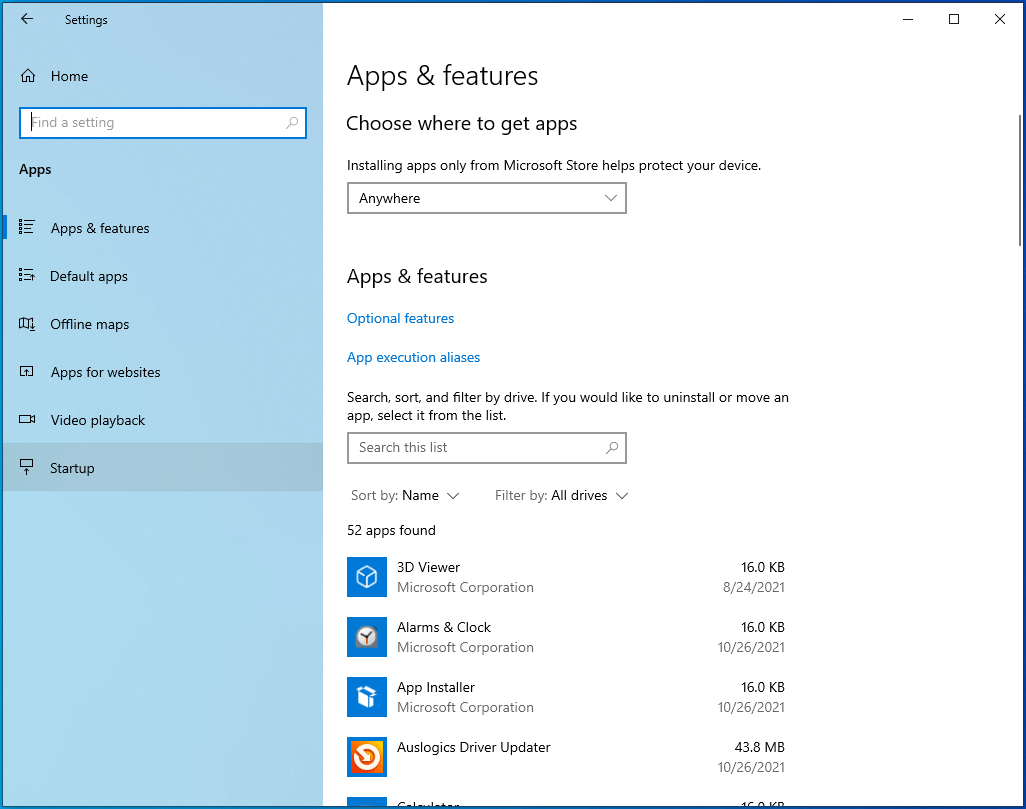 Select Startup on the left pane.