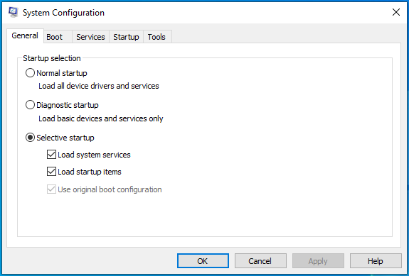 The System Configuration window will open.