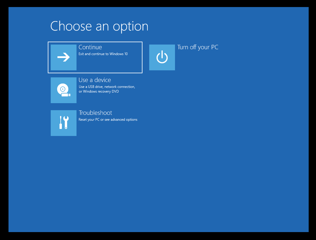 Select Troubleshoot in the Windows Recovery Environment.