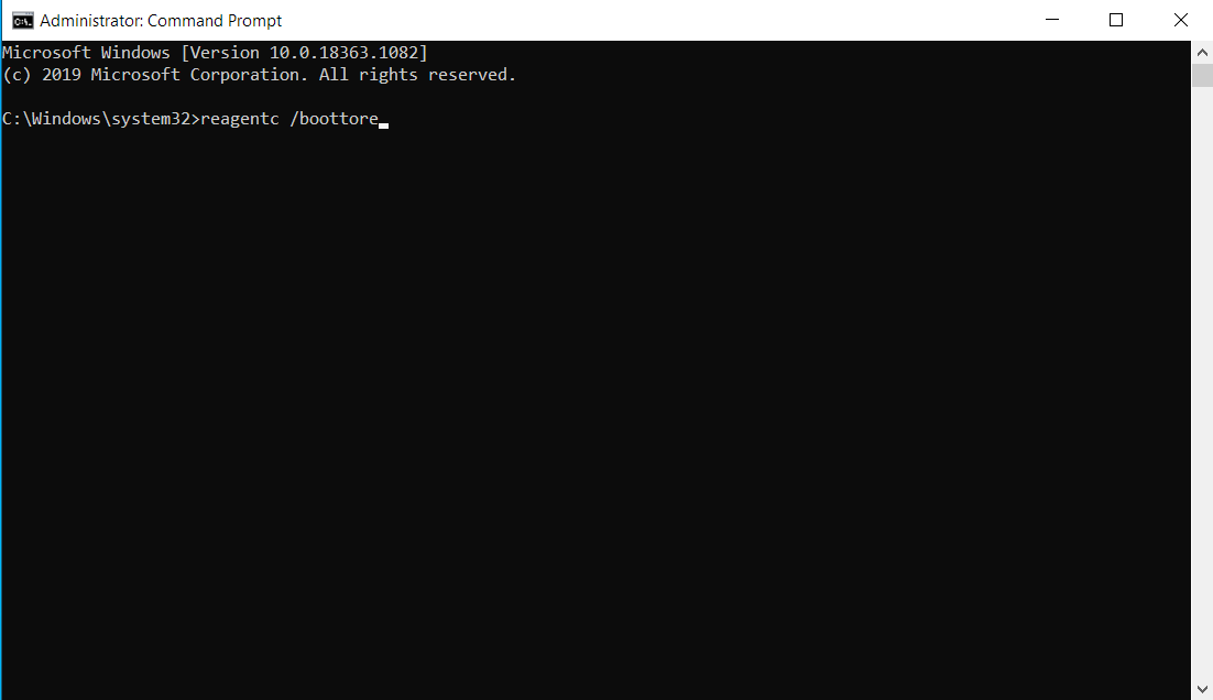 Type “reagentc /boottore” into the Command Prompt.