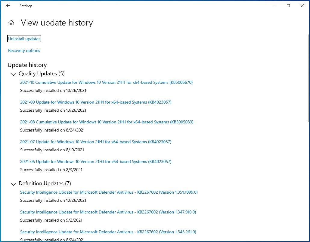 Click on Uninstall Updates at the top of the window.