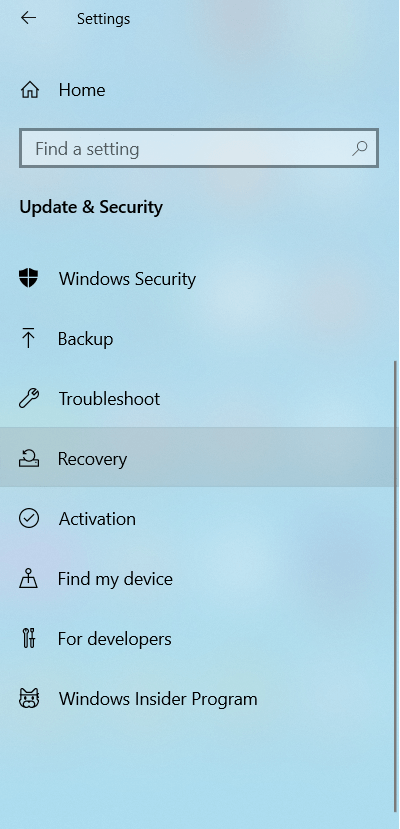Select Recovery on the Update & Security page.