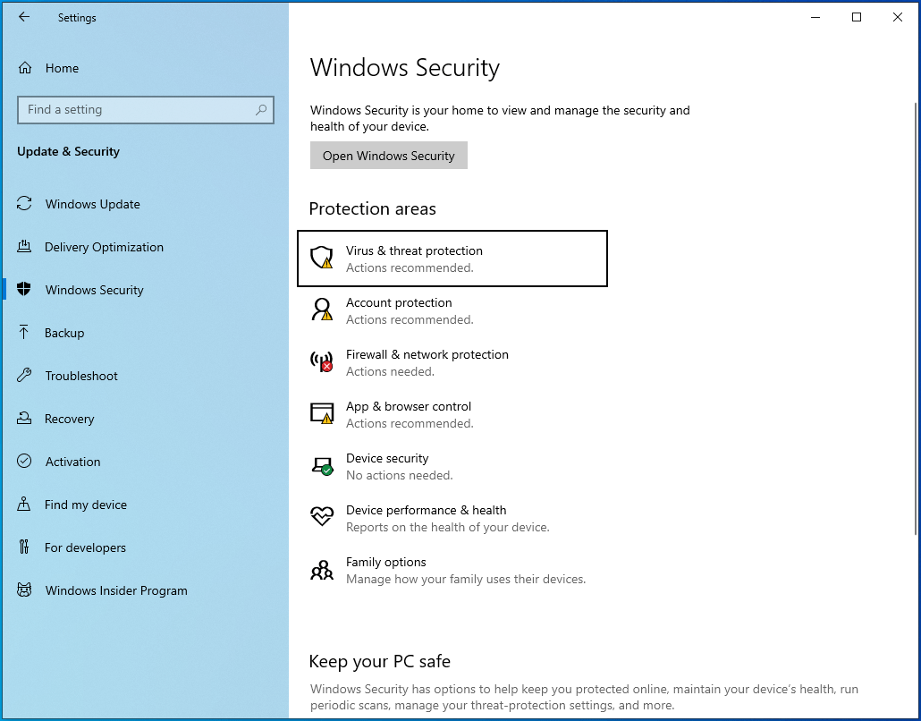 Select Virus & Threat Protection from the "Protection areas" menu.